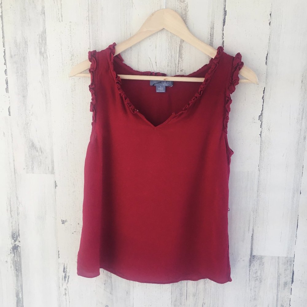 NEW Anthropologie Lil Sleeveless Blouse Dark Red Crepe Frill Ruffle Wine